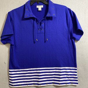 Euro Joy‎ Striped Trim Lace-Up Short Sleeve Top Blouse Royal Blue XL